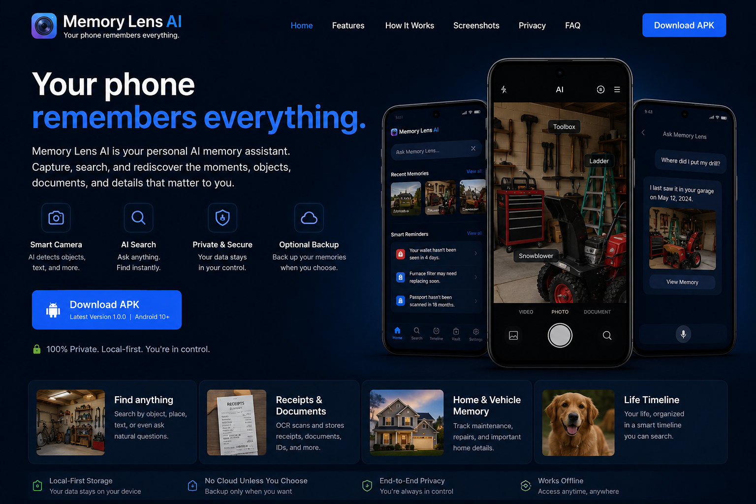 Memory Lens AI Android app showing smart camera, AI search, garage object detection, receipts, documents, and timeline features
